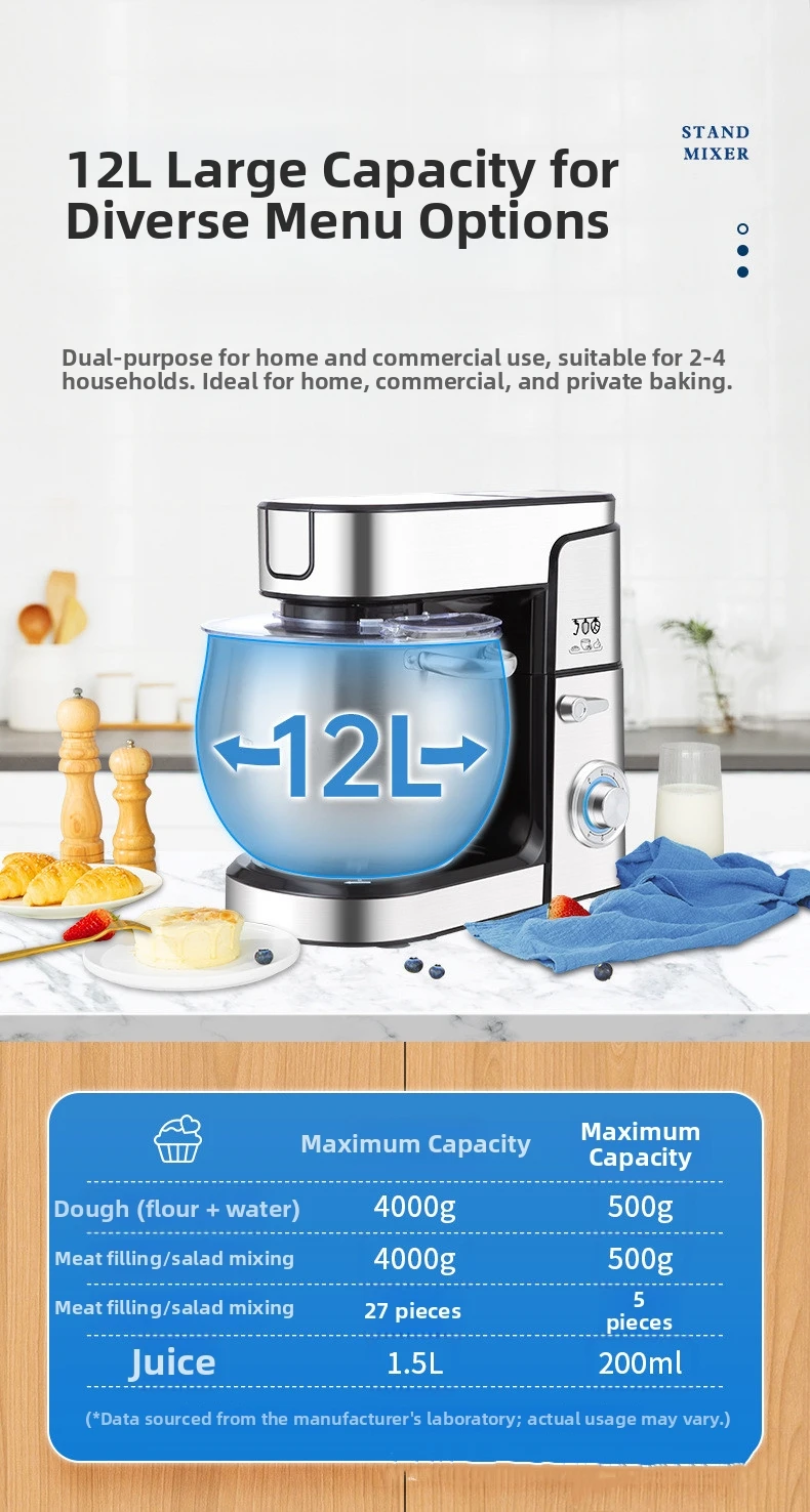 12L Gewerbliche Standmixer, Teigkneter & Rührbesen, Hochleistungs-Küchenmaschine Professioneller Chefmixer mit Edelstahlschüssel – Detail 5