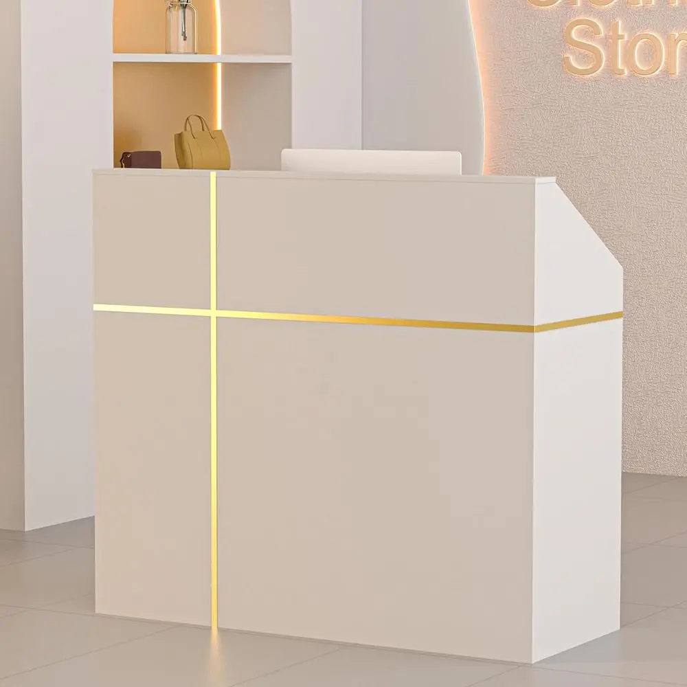 Contemporary Reception Desk with Counter, Lockers, and Shelves, 48 Checkout Counter for Lobbies, Salons, Retail, Offices