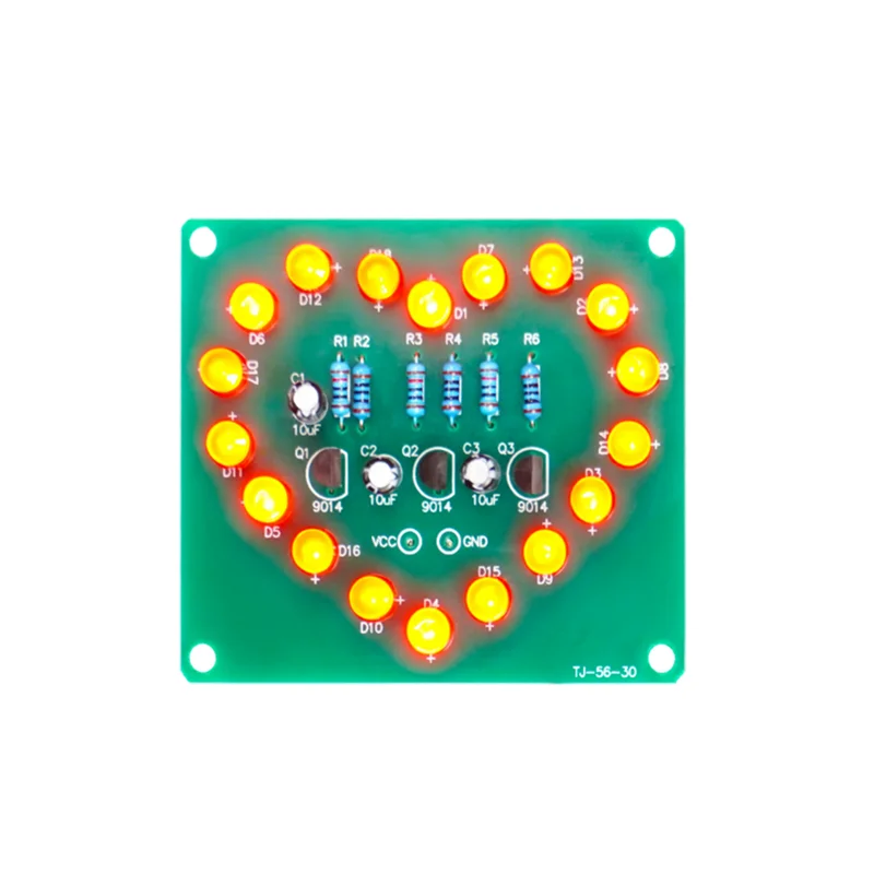1PCS DIY electronic soldering practice circuit board TJ-56-30 with 18 LED heart-shaped light kits flashing in a loop