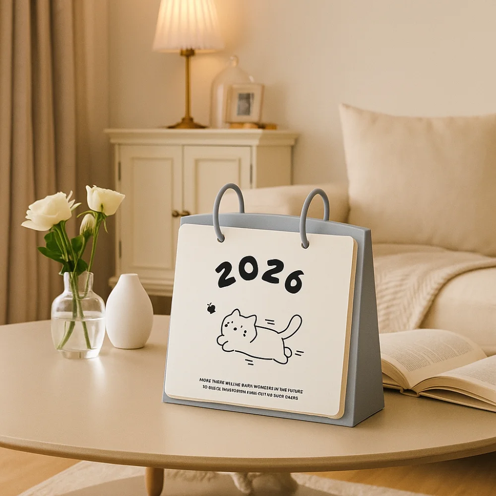 Plastic 2026 Desktop Calendar Cartoon Cat Pattern Standing Flip Calendar Portable Stable Base Daily Planner School