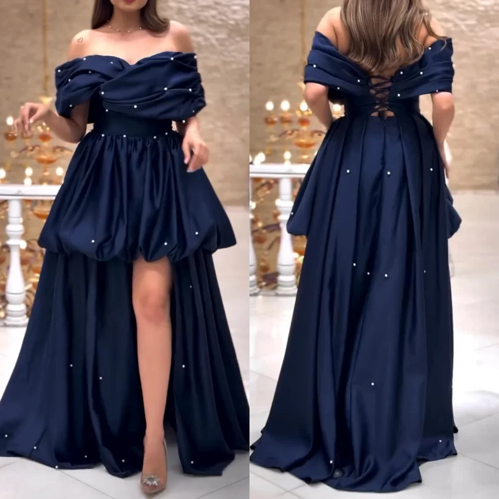 

Customized Charmeuse Pleat Beading Off-the-shoulder Hi-Lo Dresses Bespoke Occasion Charming Evening Gown Elegant Party Chic