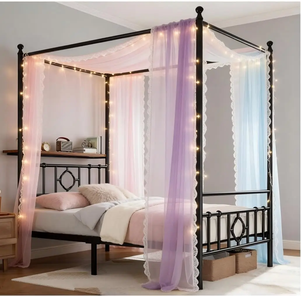 EnHomee Canopy Bed Frame with Storage Headboard Metal Platform Bed with 4 Removable Posts Dual Purpose Bed Frame with Under-Bed Storage