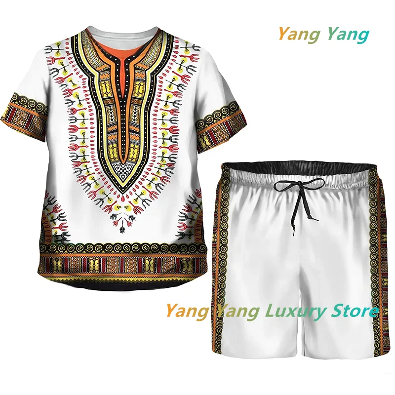 African Print Tracksuit Men/Kids Fashion T-shirts Suit Casual Shorts/Vintage Top Sport And Leisure Summer Clothes Set