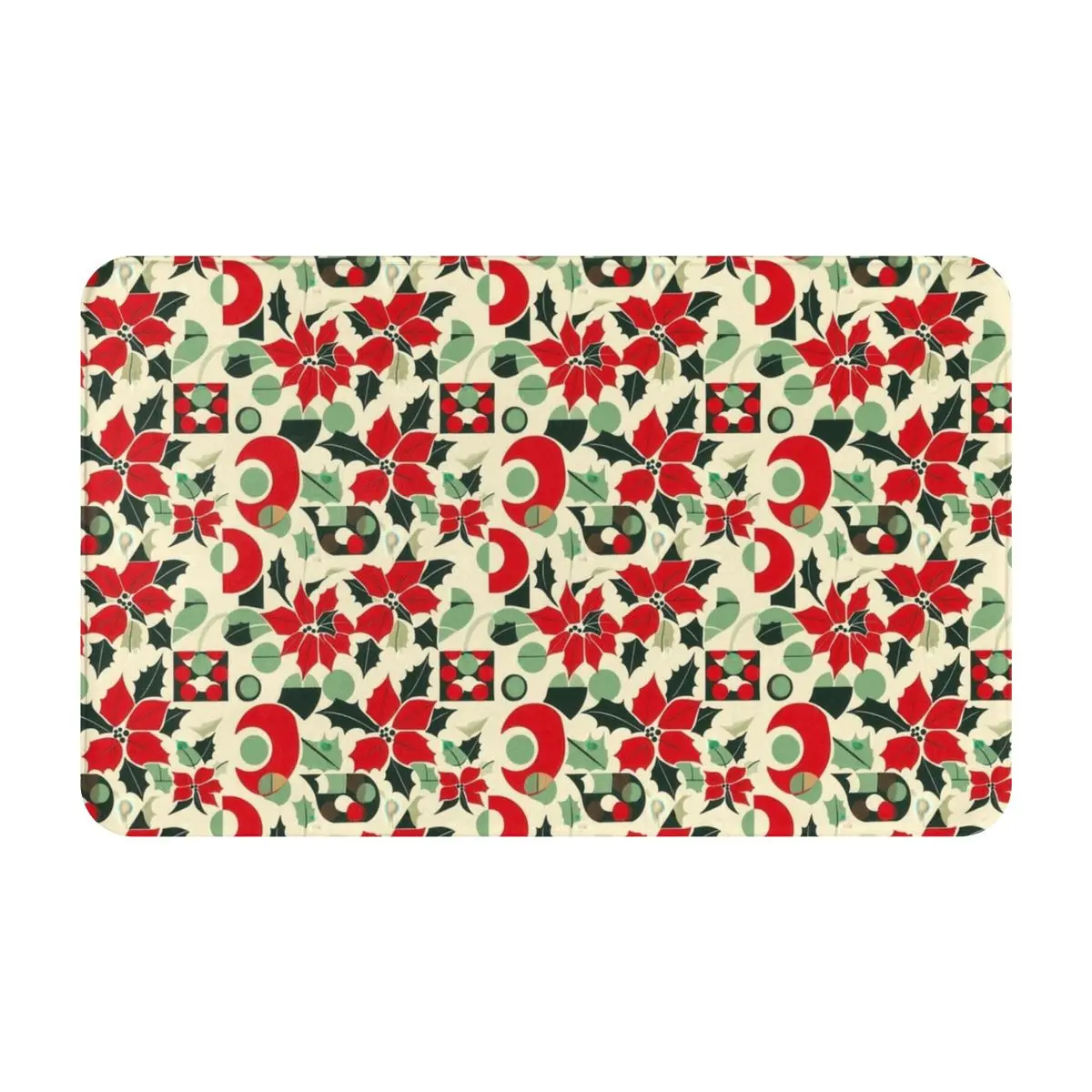 

Flannel NonSlip Bath Mat Retro Poinsettias Geometric Red Light Soft and Absorbent Floor Rug for Bathroom Kitchen and Living Room