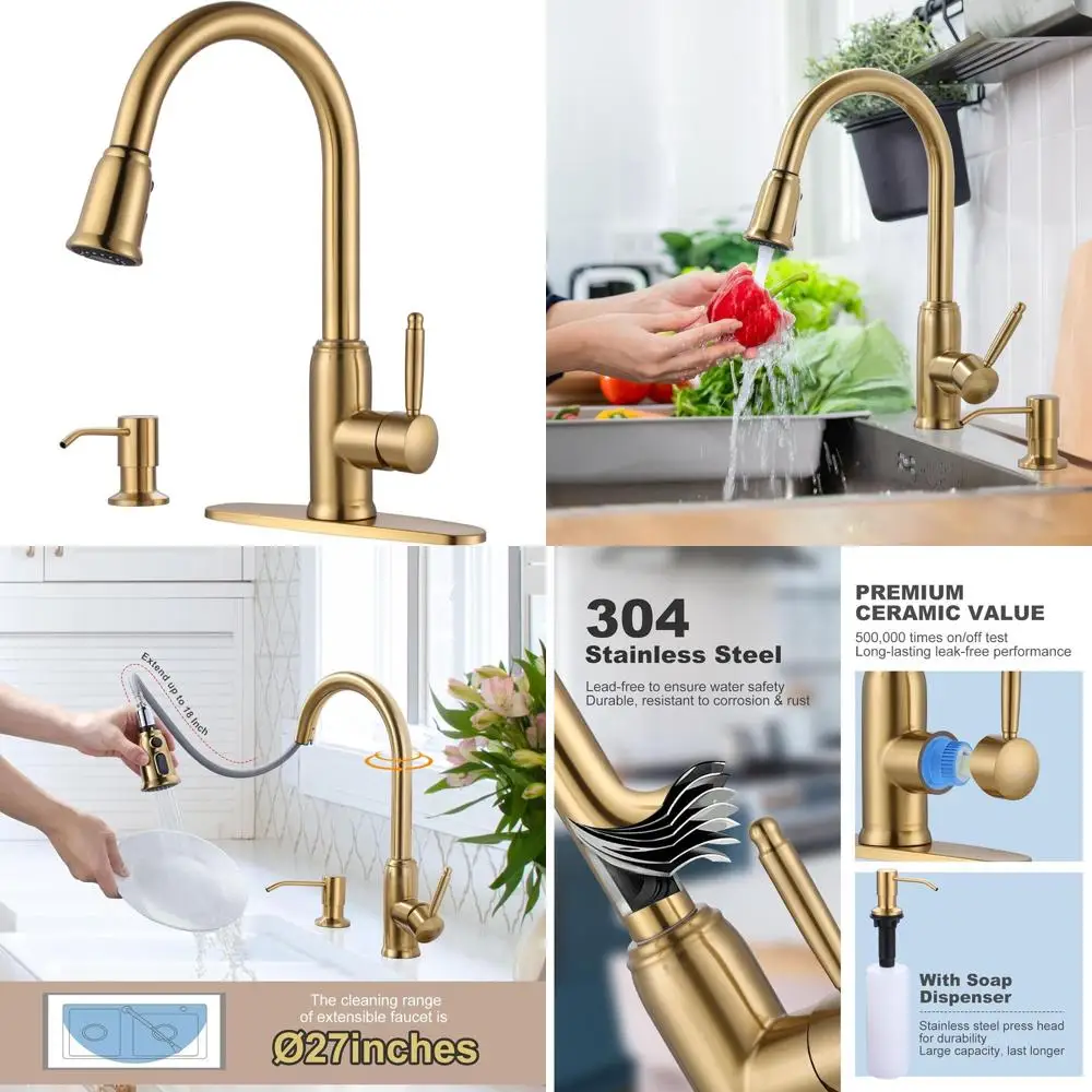 صنبور مطبخ عتيق عالي القوس قابل للسحب للأسفل مع موزع صابون، تركيبات حوض الفولاذ المقاوم للصدأ لتركيب 2 أو 4 فتحات #1