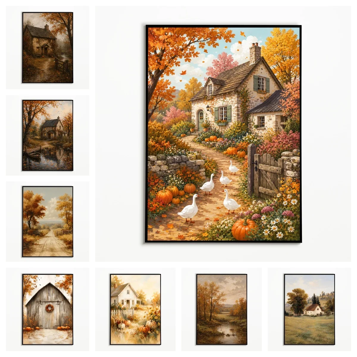 Multiple sizes 1pc frameless Canvas Painting,1PC Vintage Wall Art Autumn Cottage Goose Pumpkin Posters Autumn Canvas Painting Ho