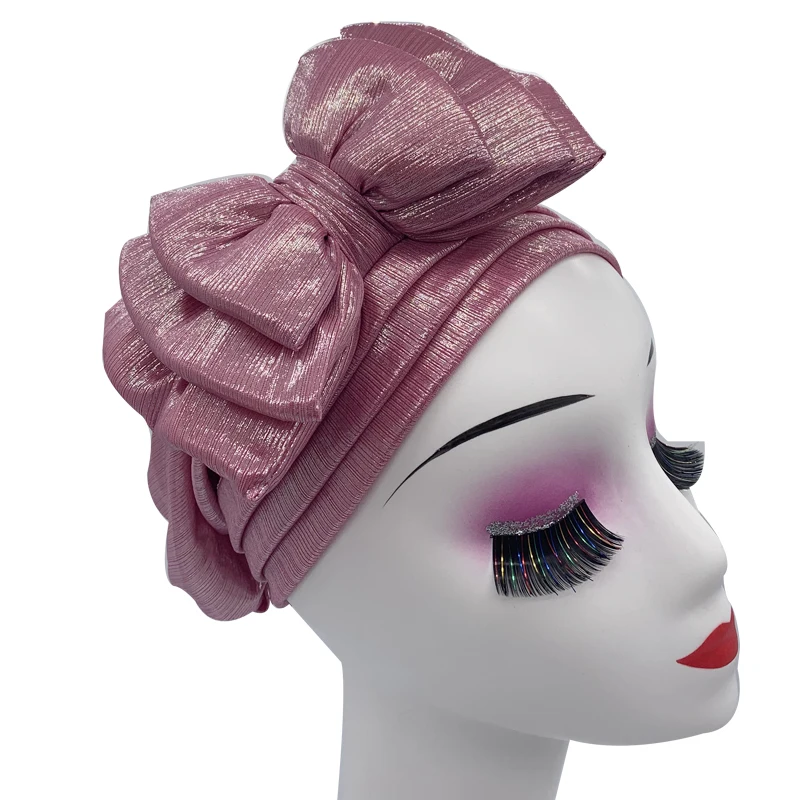 Shinning Multi-schicht Bowknot Turban Kappe für Frau Mode Afrikanische Headtie Nigeria Hochzeit Turbane Hut Muslim Headwrap Motorhaube – Detail 5