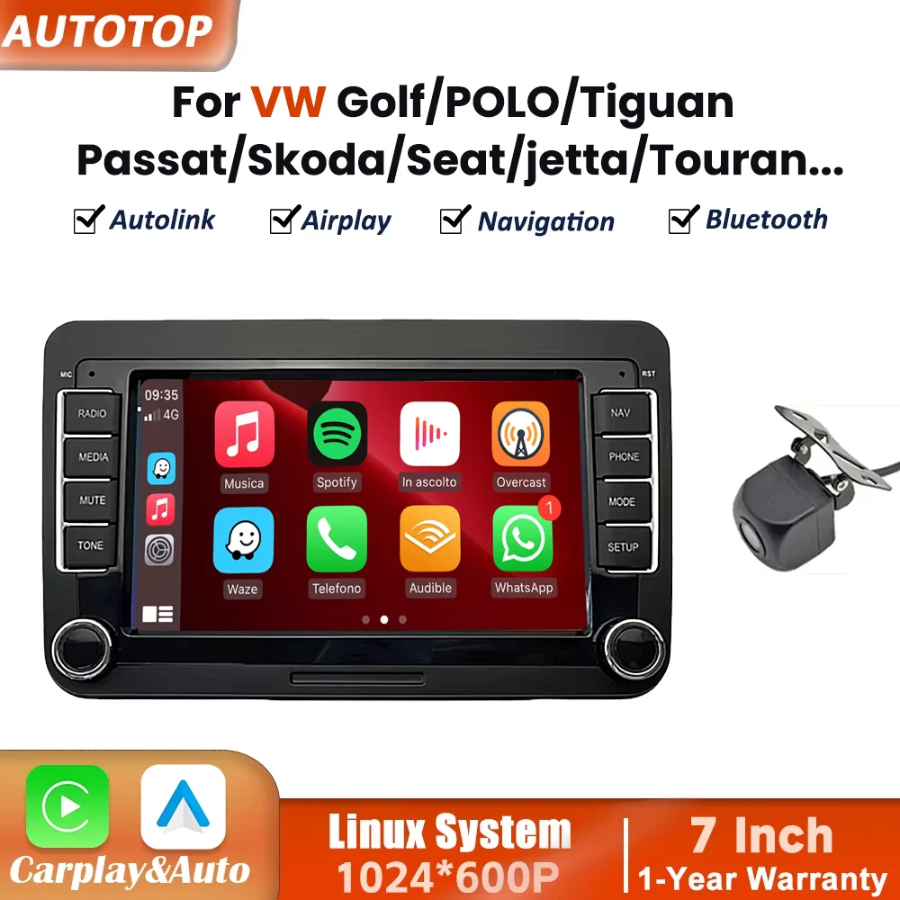 7-calowe radio samochodowe z systemem Linux, bezprzewodowym Carplay i Android Auto do VW Volkswagen Tiguan Touran Golf 5 6 Passat B6 B7 CC Jetta GLI Skoda Octavia 2 Polo 6R SEAT, odtwarzacz