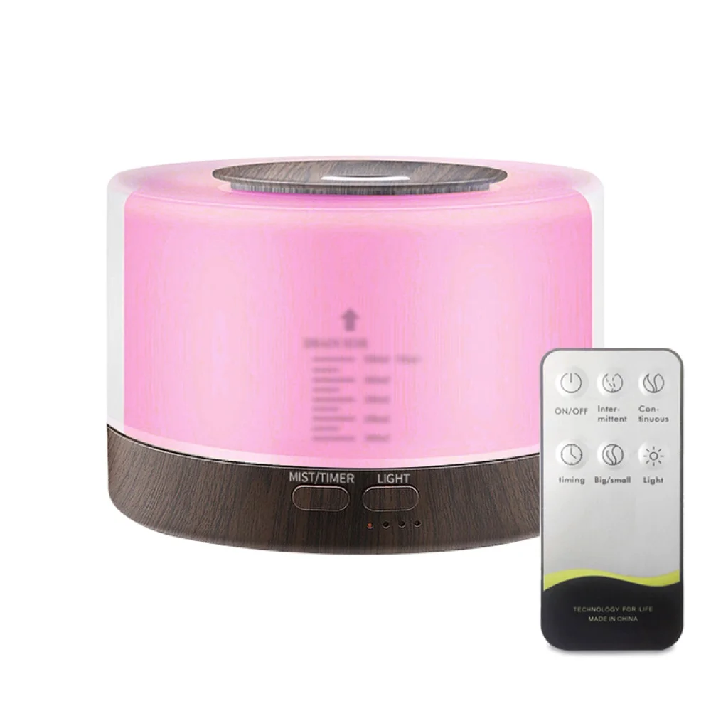 Difusor de óleo essencial 500ml, umidificador ultrassônico com controle remoto, grão de madeira, umidificador de ar de mesa com luzes noturnas coloridas