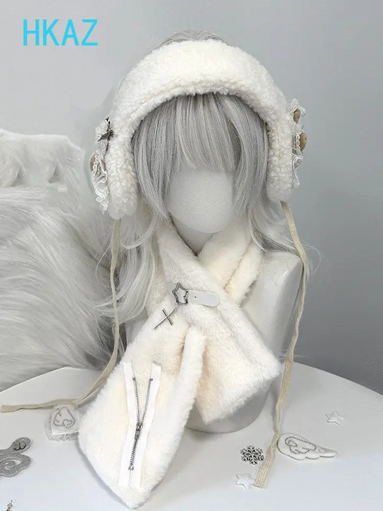 Winter Original Cute Plush Scarf Sweet Cute Girl Student Scarves Fashion Versatile Solid Color Outdoor Zipper Decorative Scarf