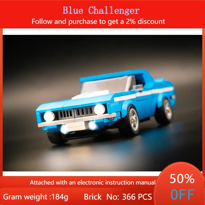 366 Parts MOC Building Block Model Car Blue Challenger Creative Toy For Boys Adults Children Christmas Gift Educational DIY