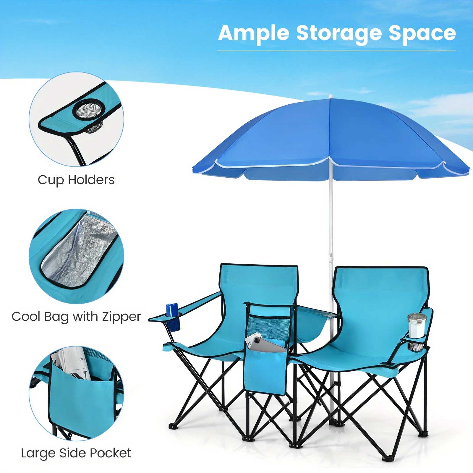 

Portable Double Camping Chair, Folding Picnic Loveseat W/ Removable Adjustable Umbrella, Carrying Bag, Cooler Bag