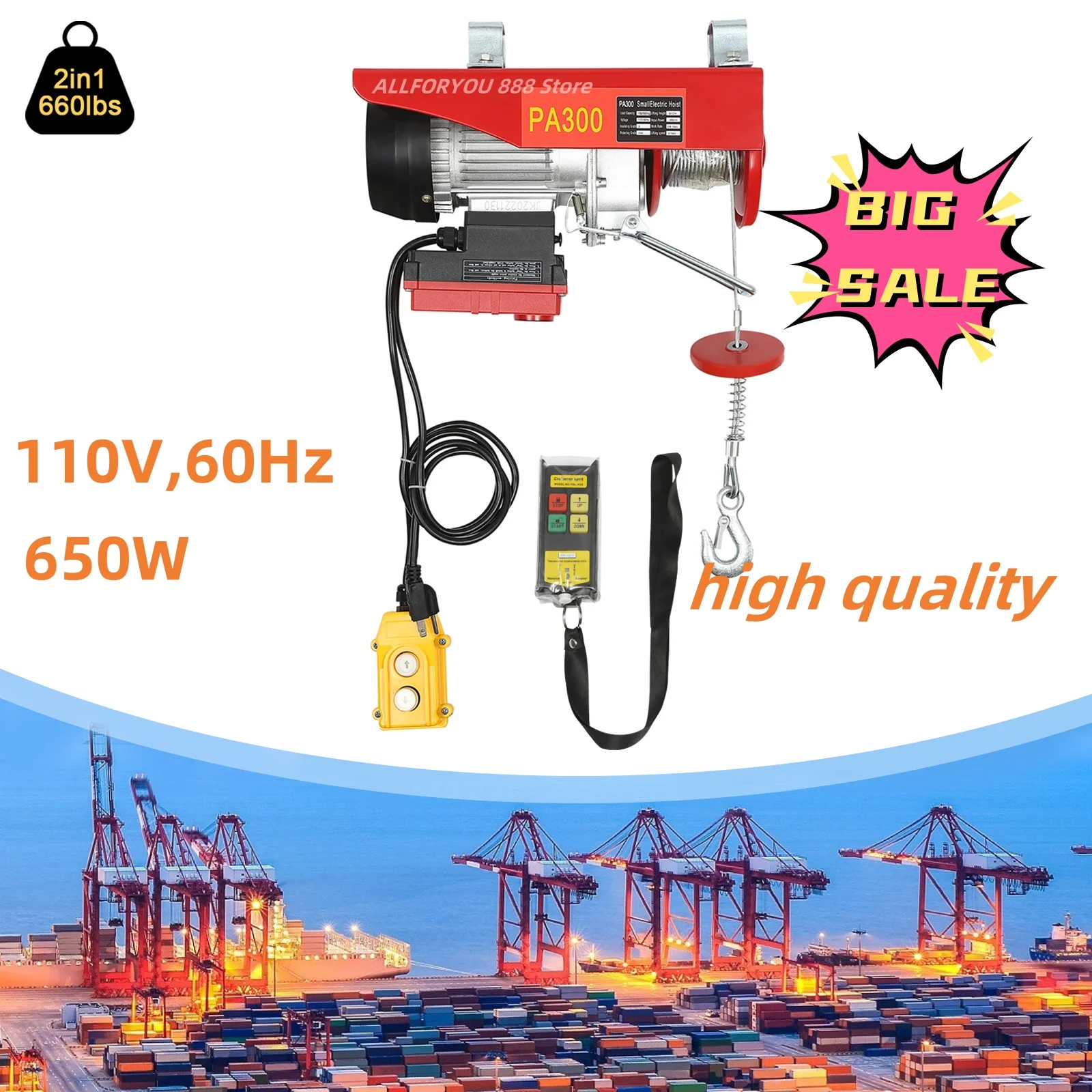 660Lbs Electric Hoist Winch Engine Crane Overhead Wireless Remote Control PA300 With 20 ft/6 m (Dual Cable) Lifting Height