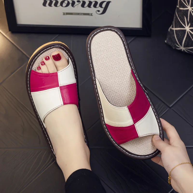 

Light Luxury flax Sheepskin Women Slippers PVC Rubber Sole Non-Slip Summer Shoes Comfortable Soft Color blocking Couple Slipper