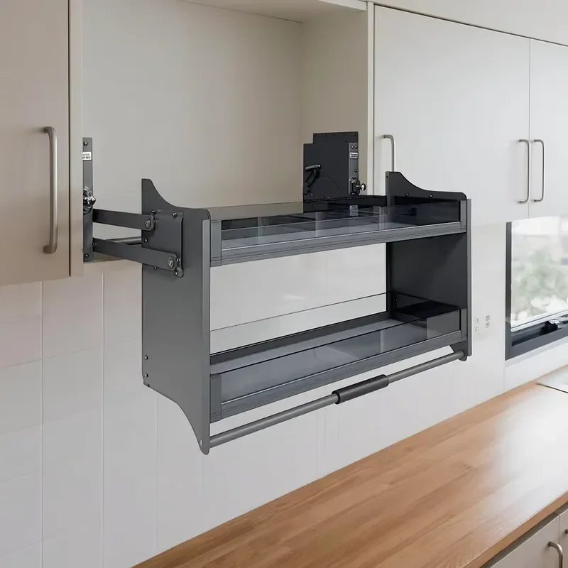 Aluminum alloy tempered glass pull basket, suitable for 400-900 mm kitchen wall cabinets Adjustable upper storage rack