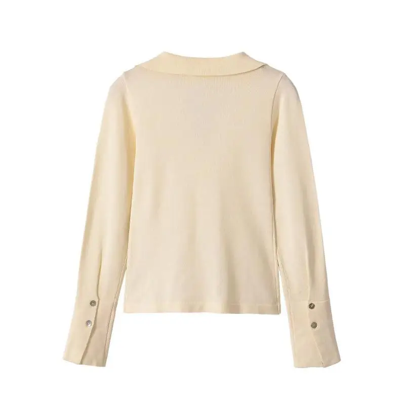 Maxdutti Southern France Minimalist Women's Knitted Shirt Long Sleeve Cuff Button Women's T-shirts And Polos Woman Clothes Tops