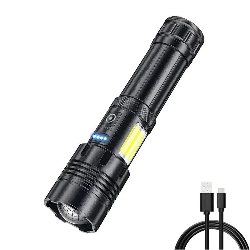 Linterna Led potente XHP50, Banco de energía, luz ABS, recargable por USB, linterna táctica de Camping con lámpara COB, 2000LM