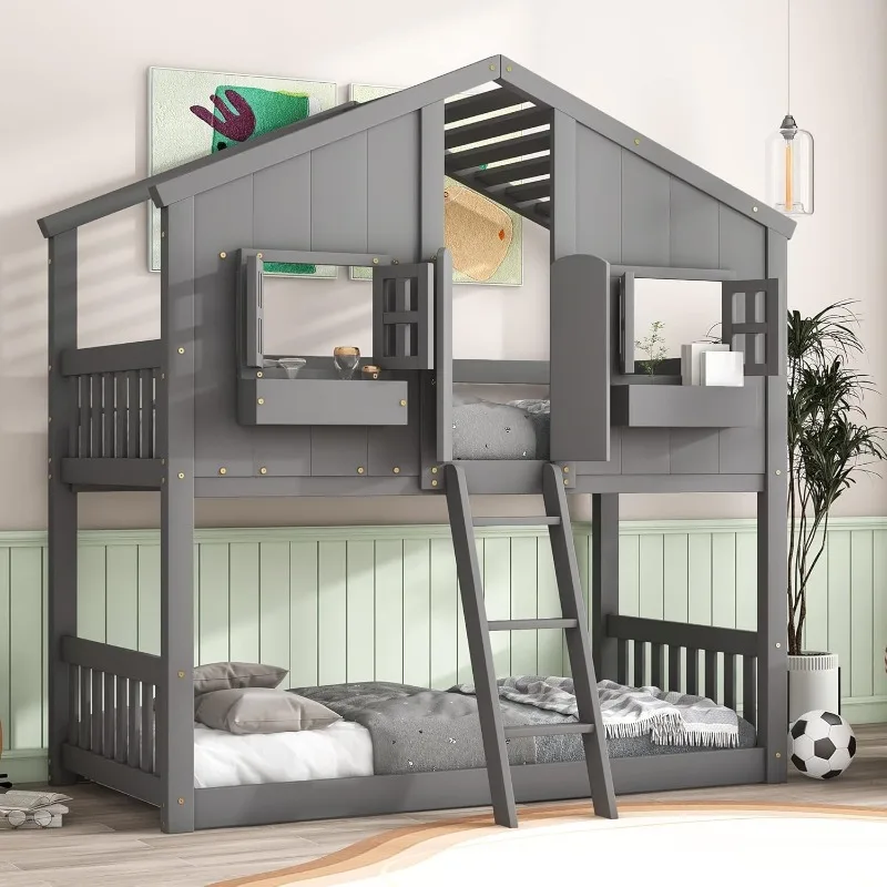 Over Twin Kids Bunk Bed Wood Frame with Roof, Window, Window Box, Door, Safety Guardrails and Ladder (Twin Size, Gray)