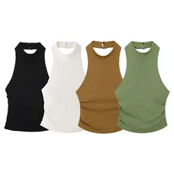 TRAF Women Sexy Backless Strapless Halter Corset Tops 2024 Lady Slim Textured Camis Female Solid Chic Top 2 Colors