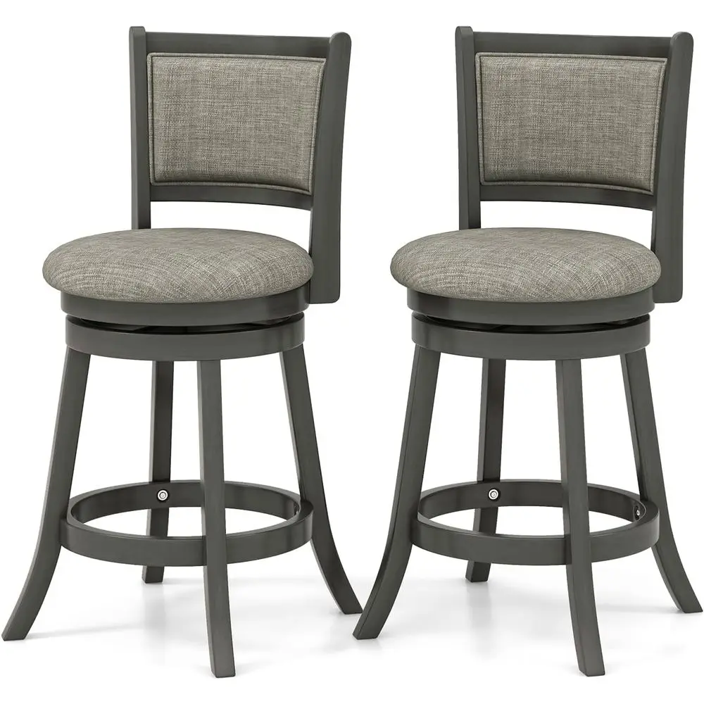 Set of 2 Grey Linen Swivel Bar Stools, Counter Height with Padded Back and Seat, Suitable for Kitchen Island or Café, 26.5 Seat