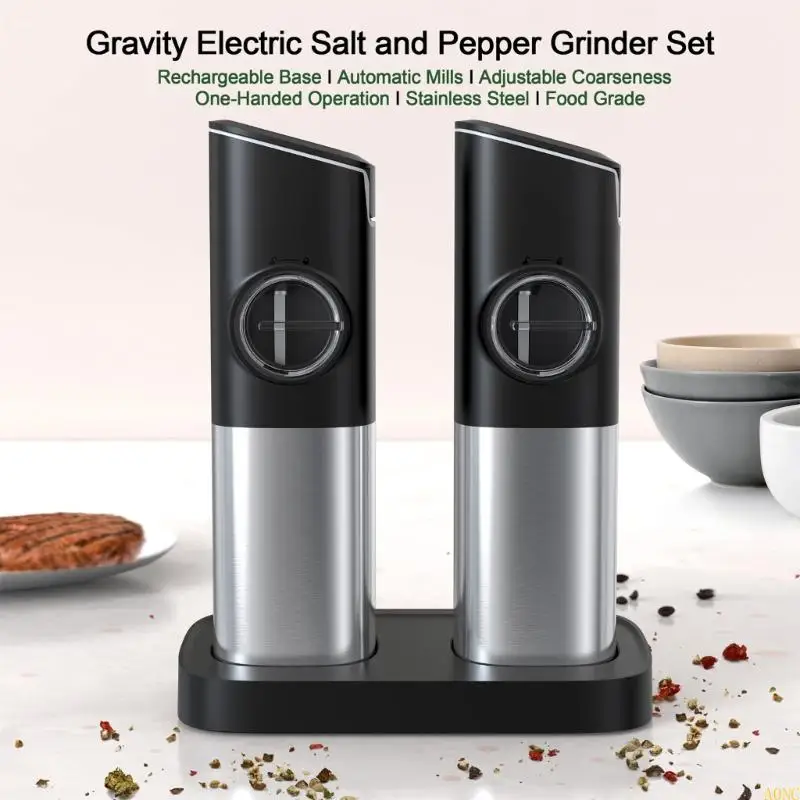 A0NC Electric Salt and Pepper Grinder مع قاعدة قابلة لإعادة الشحن ، وإضاءة LED ، والتشغيل التلقائي ، والفولاذ المقاوم