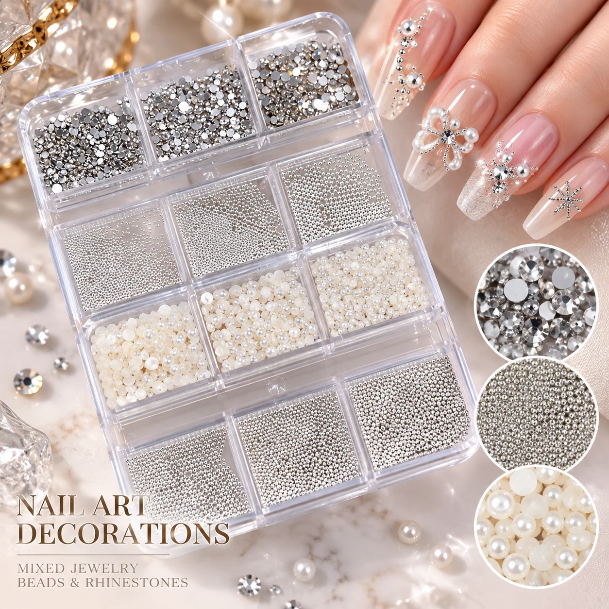 Mixed Nail Art Rhinestones Pearl Beads Silver Steel Micro Balls 3D Nail Charms Crystal Gems DIY Manicure Decoration Accessories