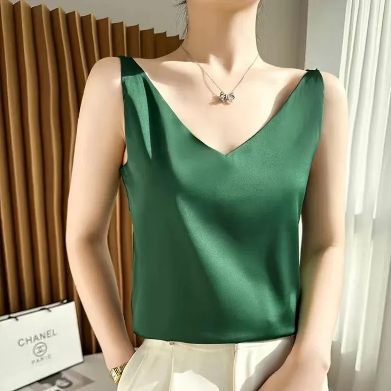 S-3XL Women Satin Silk Lace Summer Tank Tops Camis Vest Blouse Casual lady V-Neck Sleeveless Straps Vest Shirt