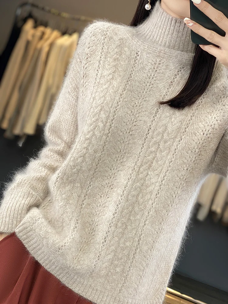 Women Mock-neck Grace Pullover Sweater Autumn Winter Warm Soft Tops 100% Mink Cashmere Knitwear Casual Jumpers 2024 New Fashion