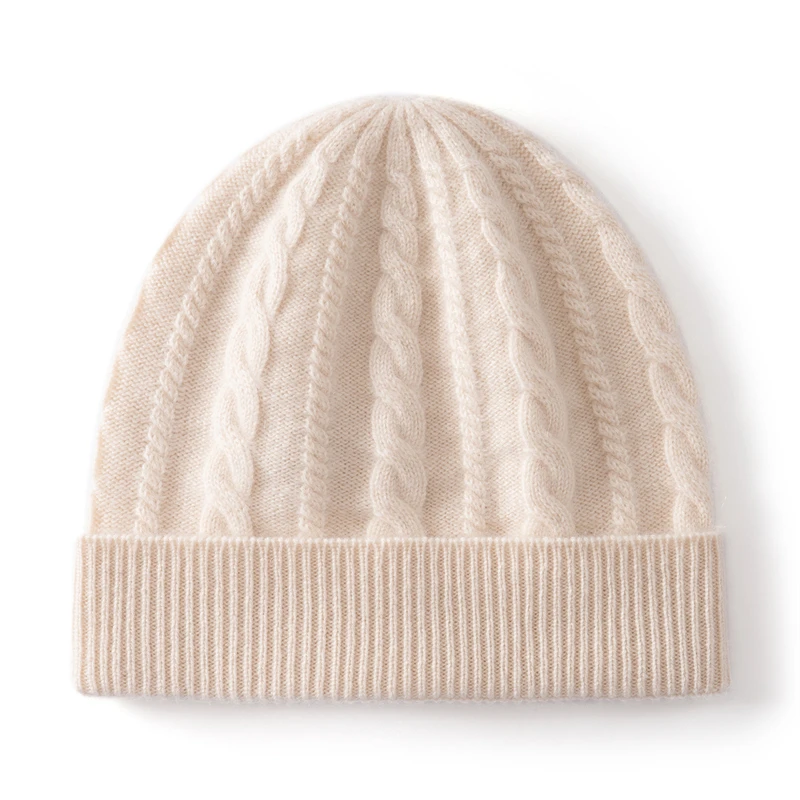 KOIJINSKY 100% Pure Cashmere Beanie Hat Women Cable Knit Ribbed Cuff Grey Warm Winter Knit Cap