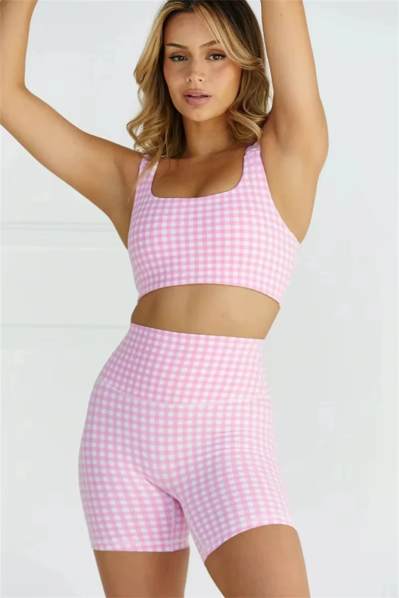 Yoga grid set women's high-stretch sports fitness tank top with high waist and quick-drying yoga features