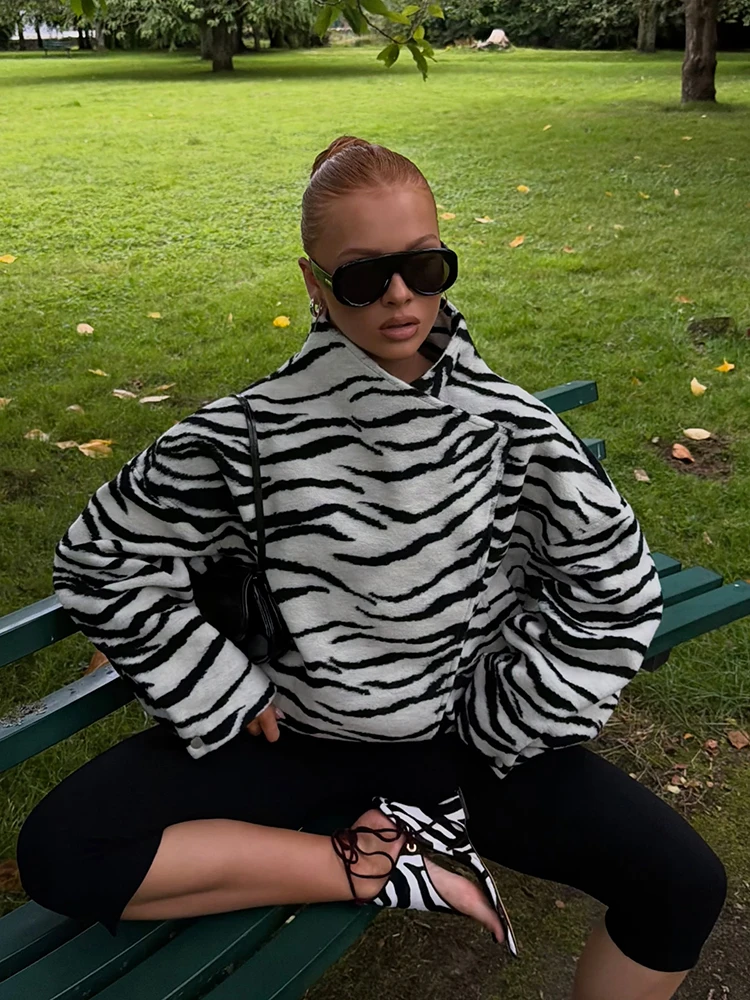 Fashion Zebra Print Asymmetric Coats Women Chic Wrap High Collar Oversized Drop‑shoulder Jacket Fall Winter Streetwear Outerwear