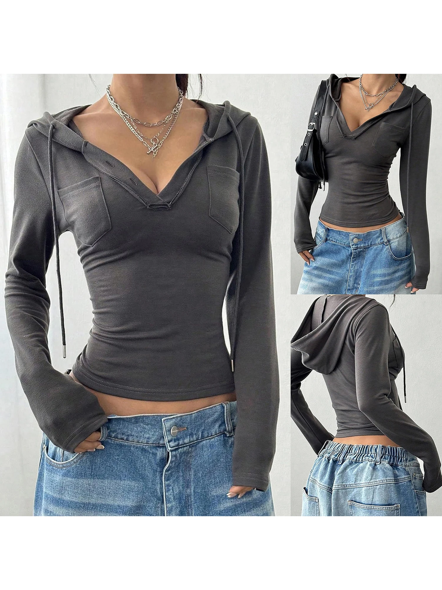 

Ladies Casual Spring Summer Hooded T-Shirt with Long Sleeves and V Neckline in Solid Color for a Fit at Parties and Events
