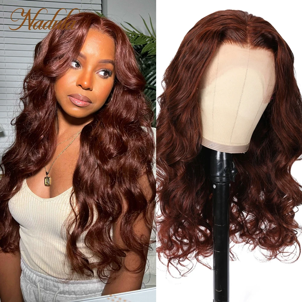 Nadula Hair 33B Reddish Brown Body Wave Pre Cut 13x4 Lace Front Human Hair Wigs With Bangs Pre Plucked with Baby Hair