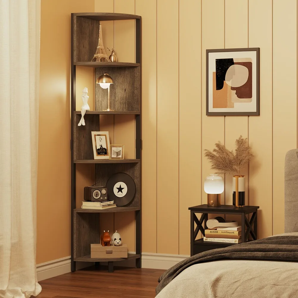 

5 - Tier Industrial Corner Bookshelf: Modern Bookcase with Open Shelves for Stylish Storage