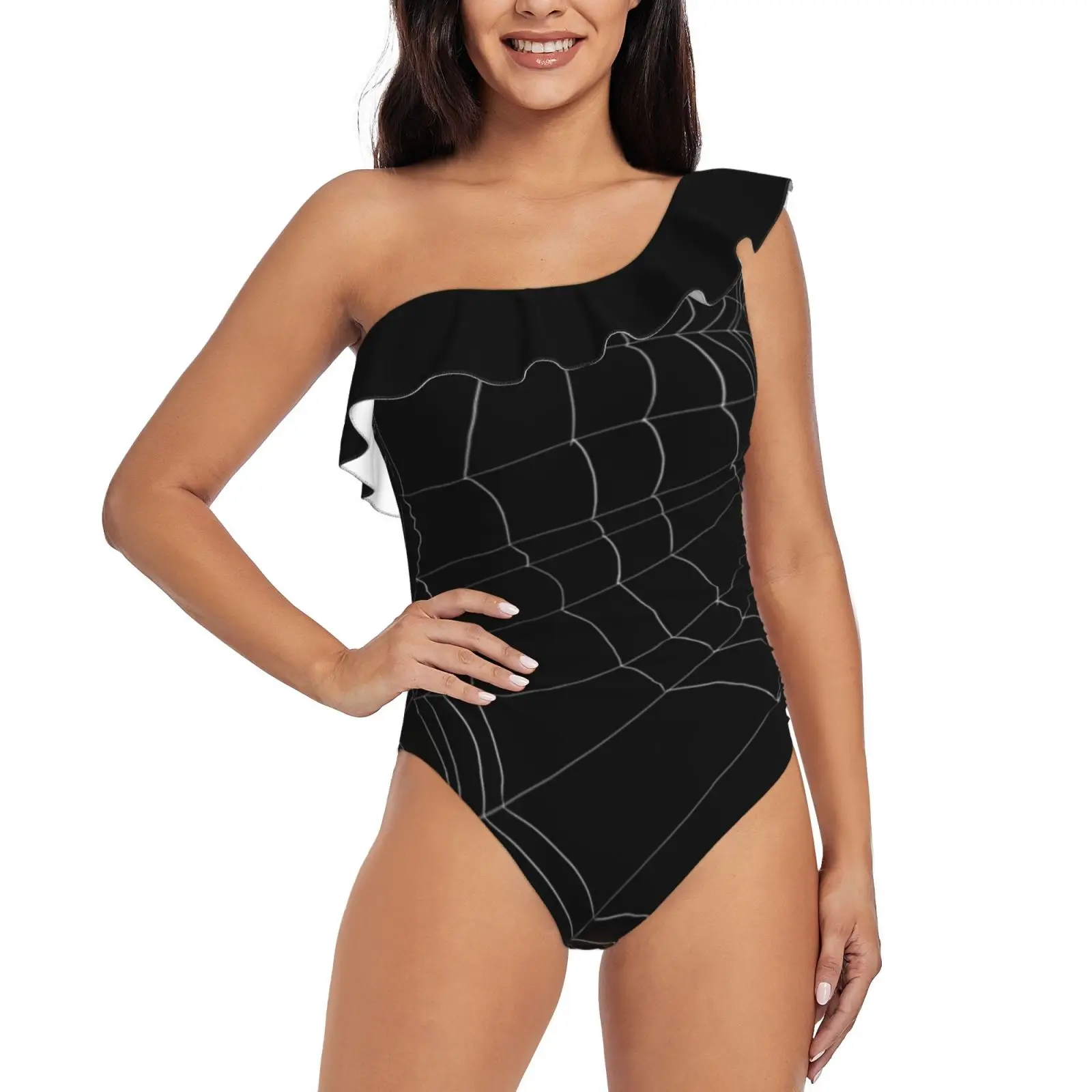 Lazy Spider\'S Web Deep V-Neck Halter One-Piece Swimsuit Ladies Monokini Beach Bathing Suits Swimwear Goth Gothgoth Spider