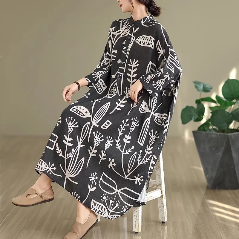 Otoño nuevo estilo artístico Retro algodón y cáñamo impreso cuello alto suelto Extra grande vestido de vacaciones W371