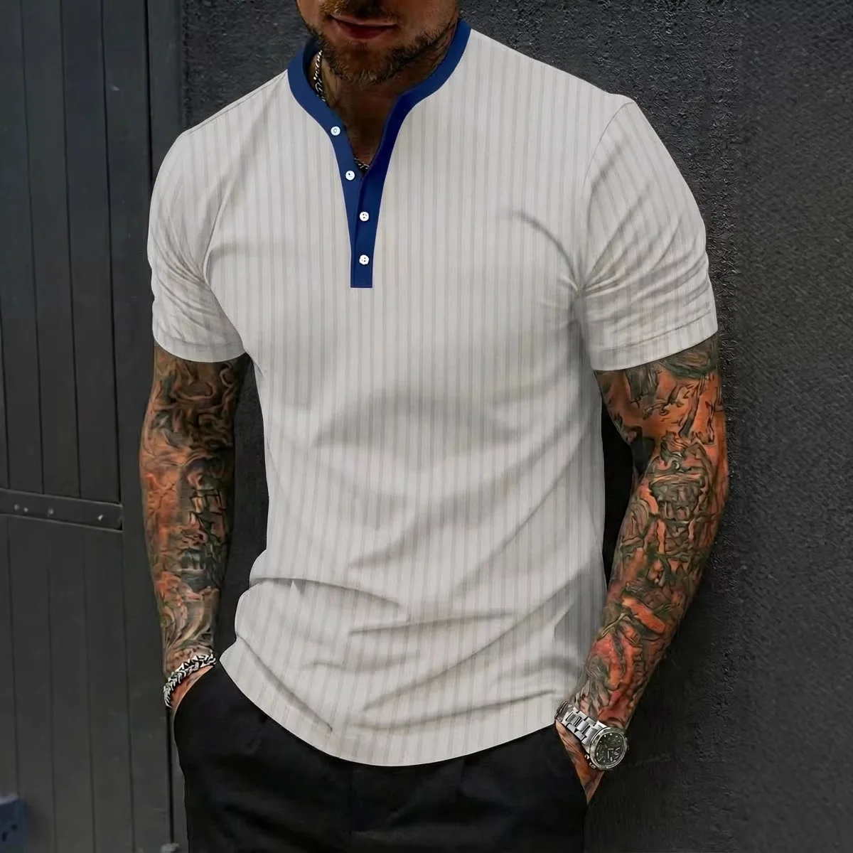 Summer High Elastic Fitness Sports Casual Fashion Stand-up Neck Knitted Short-sleeved POLO Shirt