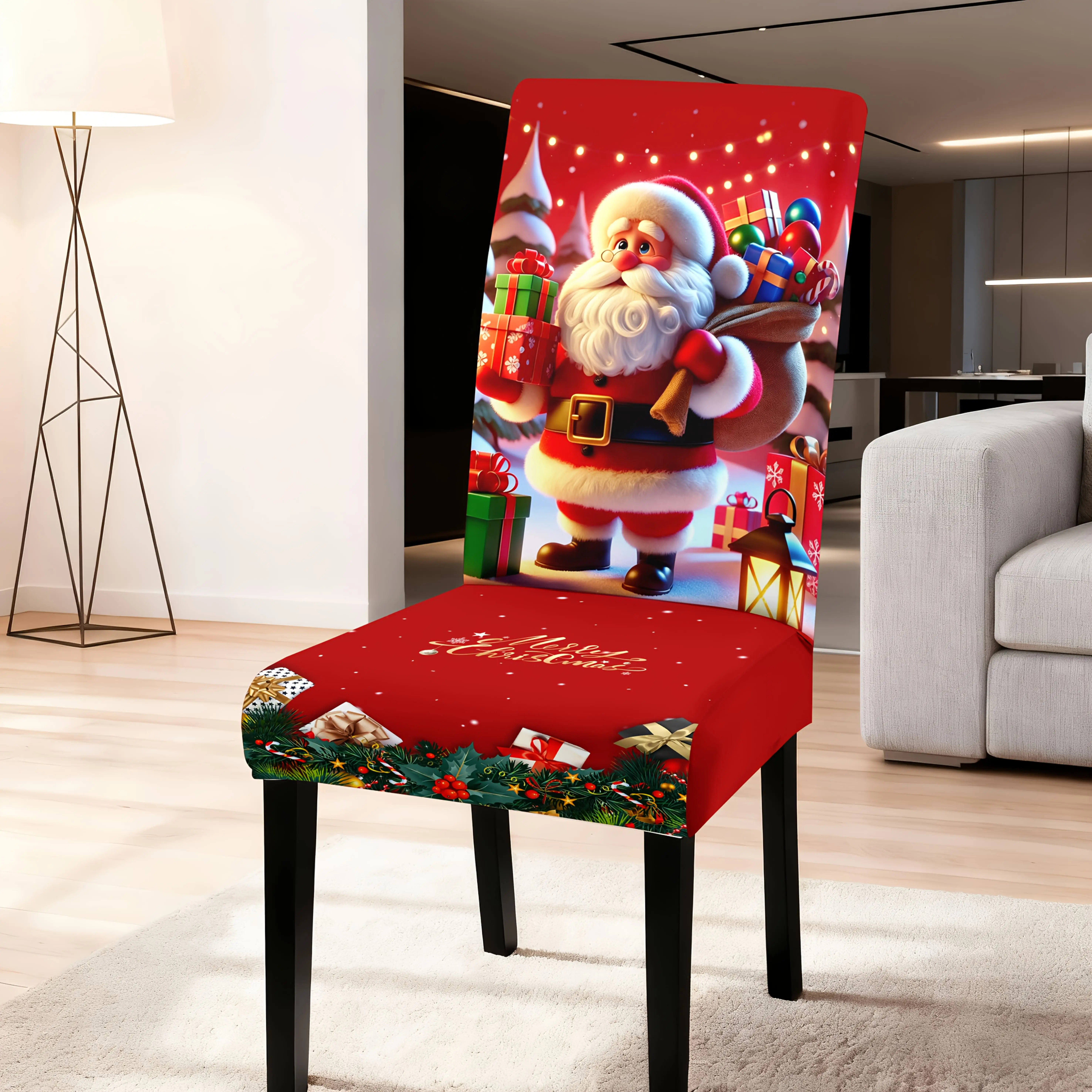 Red Christmas Chair Slipcover Santa Holding Presents Lantern Print Elastic Dining Chair Cover for Xmas Holiday Home Decoration