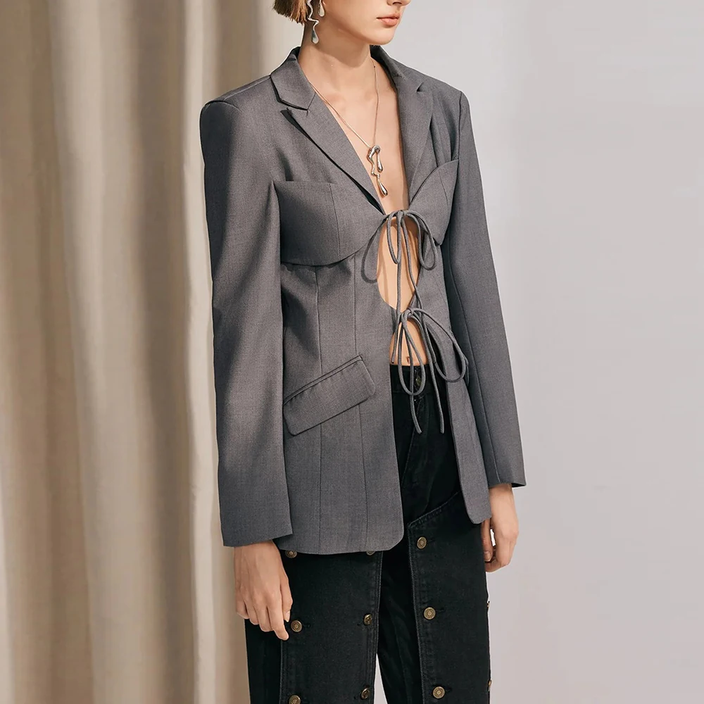 TWOTWurea-Blazer à lacets épissé évidé YLE pour femme, col cranté, manches longues, patchwork, poche, blazers chics pour femme, solide