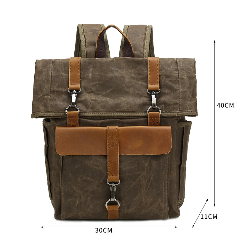 Wild Horse Leather Waterproof Oil Wax Canvas Bag - Outdoor Leisure Travel Computer Bag - College Bag - Retro Compact Backpack