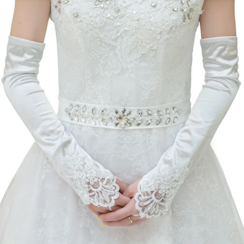 Womens Long Gloves Fingerless Embroidery Lace Trim Beaded Sequins Bridal Wedding Accessory