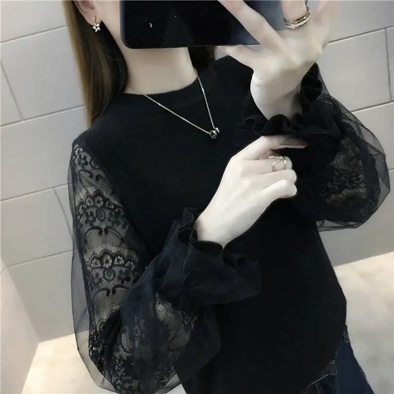 Woman Sweaters Mesh Lace Stitching Knitwear Short Sweater Women\'s Top Femme Chandails Pull Hiver