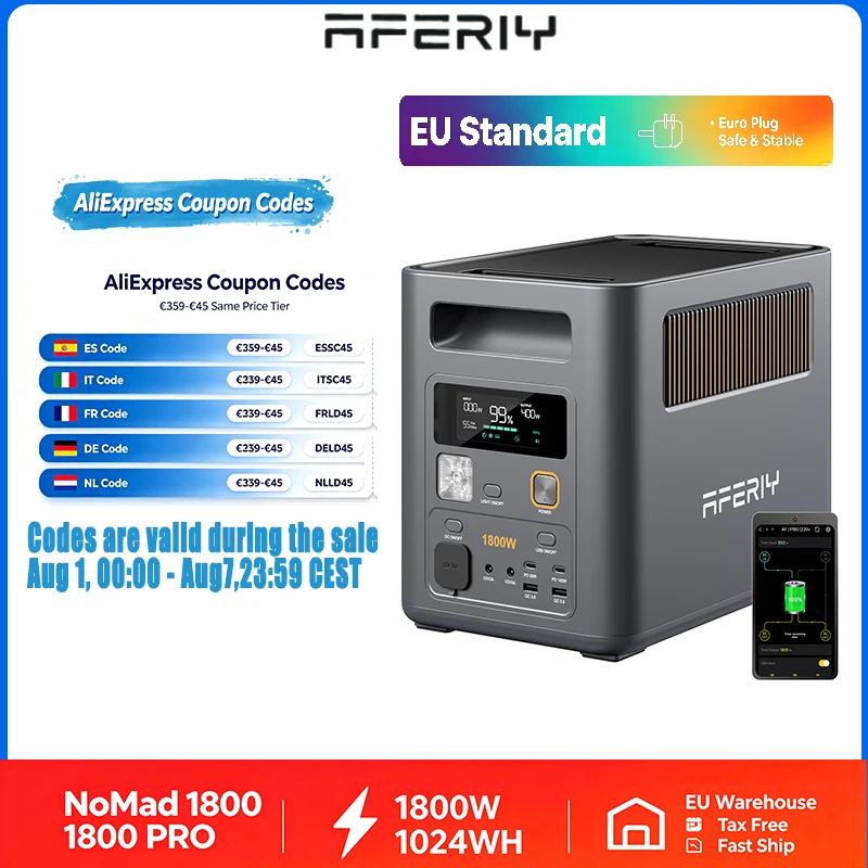 AFERIY Nomad1800 Pro Tragbare Powerstation, 1800W Dauerleistung, 3600W Spitzenleistung, 1024Wh LiFePO4 Solargenerator, Erweiterbar auf 5120Wh, USV, 36 Min. Schnellladung für Notstromversorgung zu