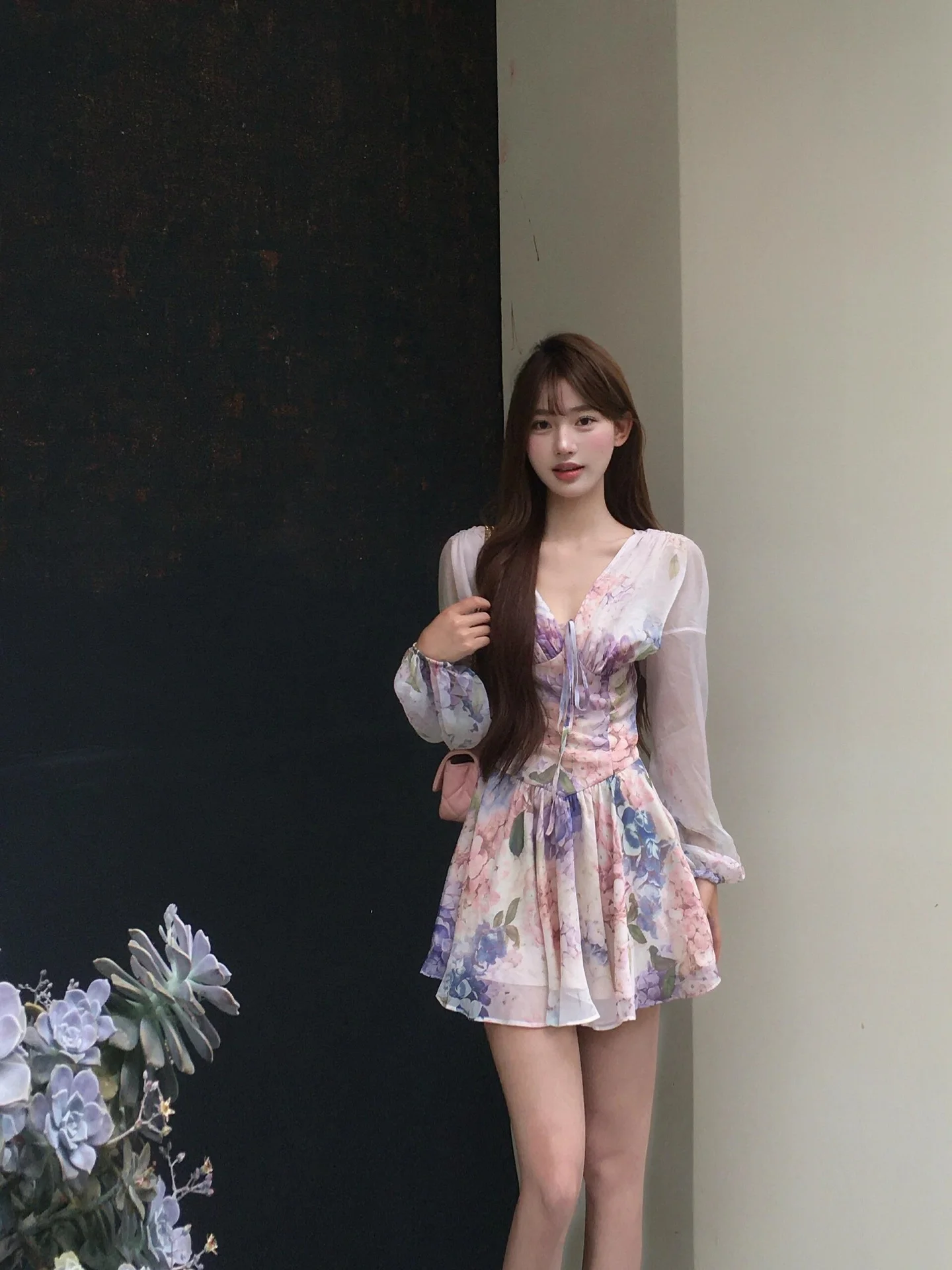 

Spring Early Floral Print V-Neck Chiffon Dress Women's Waist-Cinched Short Skirt Beautiful French Style Long Sleeve A-Line Dress