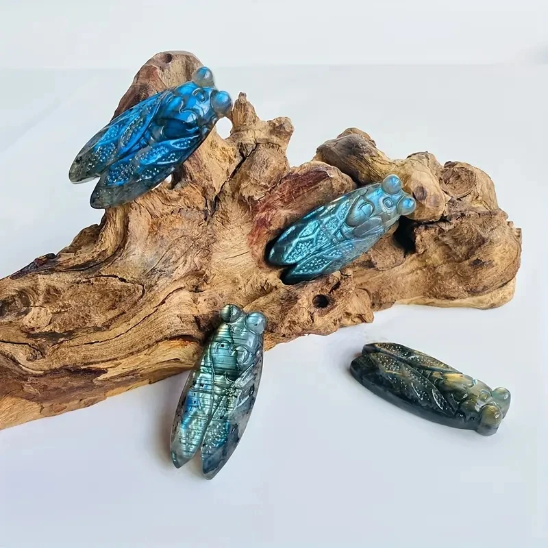 1pc Labradorite Cicada Sculpture] 1pc Labradorite Cicada Sculpture, Charming Gemstone Animal Figurine, Unique Ornamen