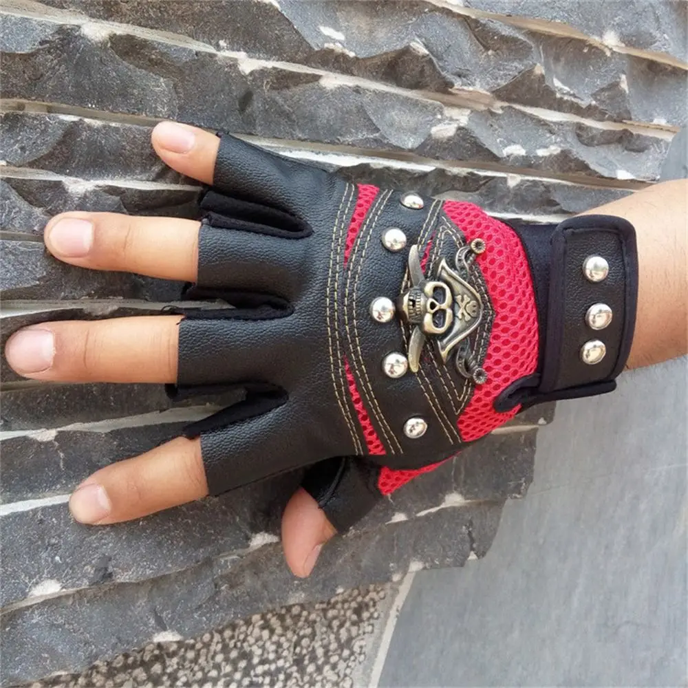 ขับรถแฟชั่น Anti-SLIP PU หนัง Fingerless Punk ถุงมือรถจักรยานยนต์ขี่จักรยานถุงมือ Half Finger ถุงมือ Skulls ถุงมือ