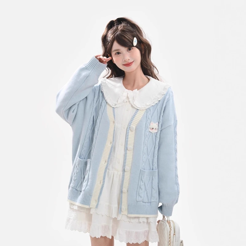 Cute Preppy Style Autumn All Match V Neck Long Sleeve Cardigan Y2k Knitted Sweet Embroidery Jumper Casual Punk New Sweaters