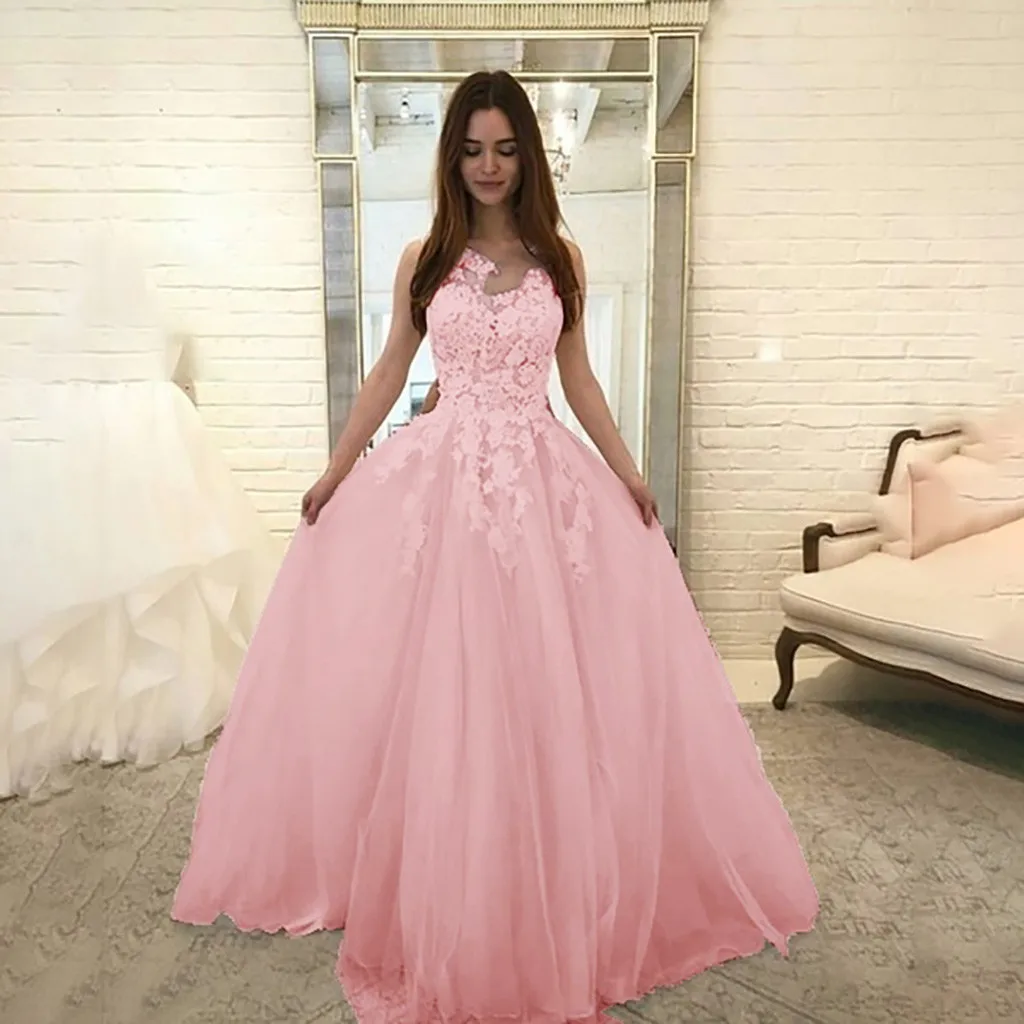 Women Floral Lace Pink Dress Wedding Elegant Chiffon Evening Party Maxi Dress Ball Gown V Neck Sleeveless Long Dress Vestidos