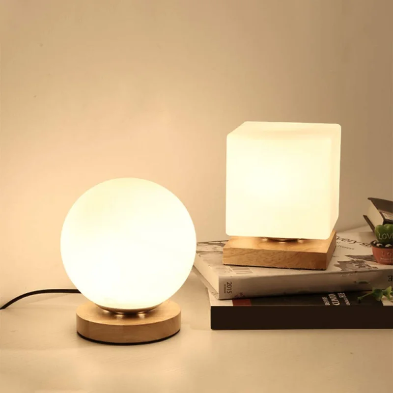 

E27 Simple Glass table lamp Creative Warm Night Lighting Bedroom Bed Decoration Ball Wooden Small Round Desk Lamp Home Decoror