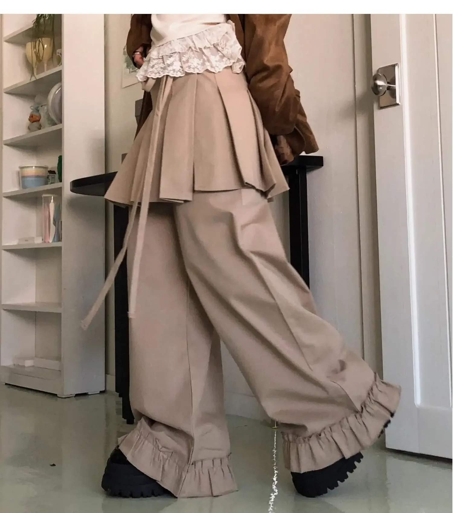 اليابانية خمر الشارع الشهير السراويل فضفاضة للنساء غير النظامية وهمية قطعتين تنورة غير رسمية السراويل Y2k عالية الخصر بنطلون مستقيم